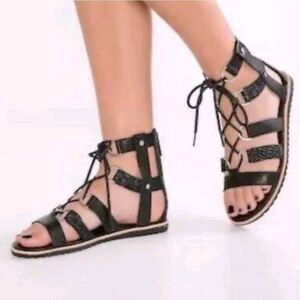 Sorel Ella Lace Up Black Leather Women's Sandal